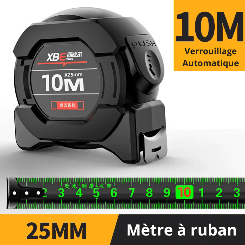 Mètre ruban 10M x25mm verrouillage automatique graduation fluorescente verte