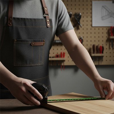 Bricoleur utilisant un mètre ruban 5M à graduation fluorescente sur établi en atelier