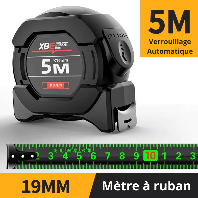 Mètre ruban 5M x19mm verrouillage automatique graduation fluorescente verte