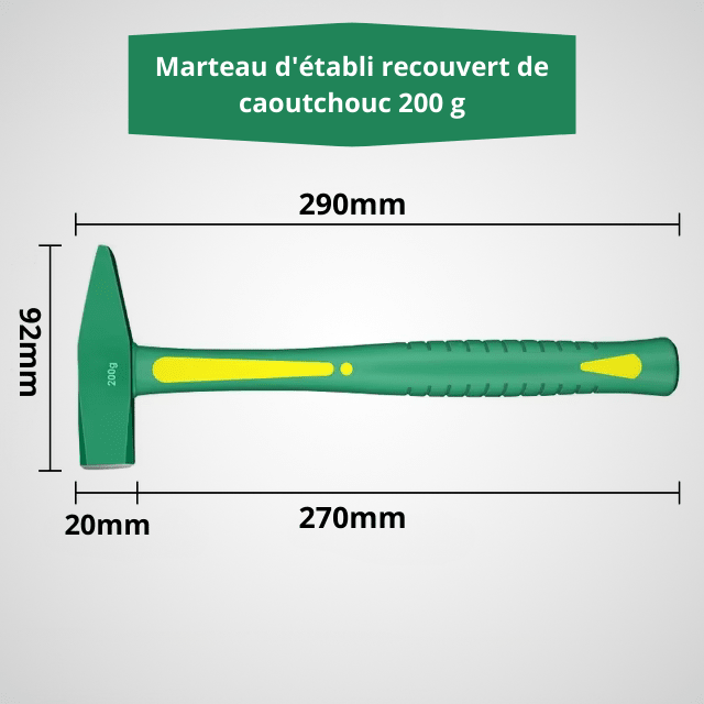 Schéma technique marteau d'établi 200g - Longueur 290mm, hauteur 92mm, manche 270mm