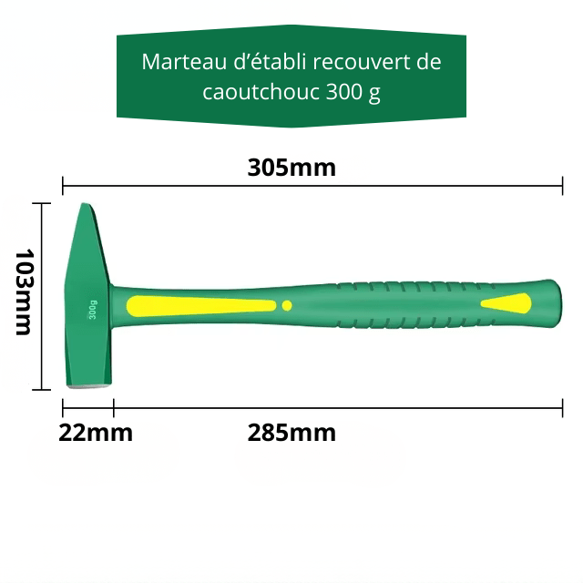 Schéma technique marteau d'établi 300g - Longueur 305mm, hauteur 103mm, manche 285mm