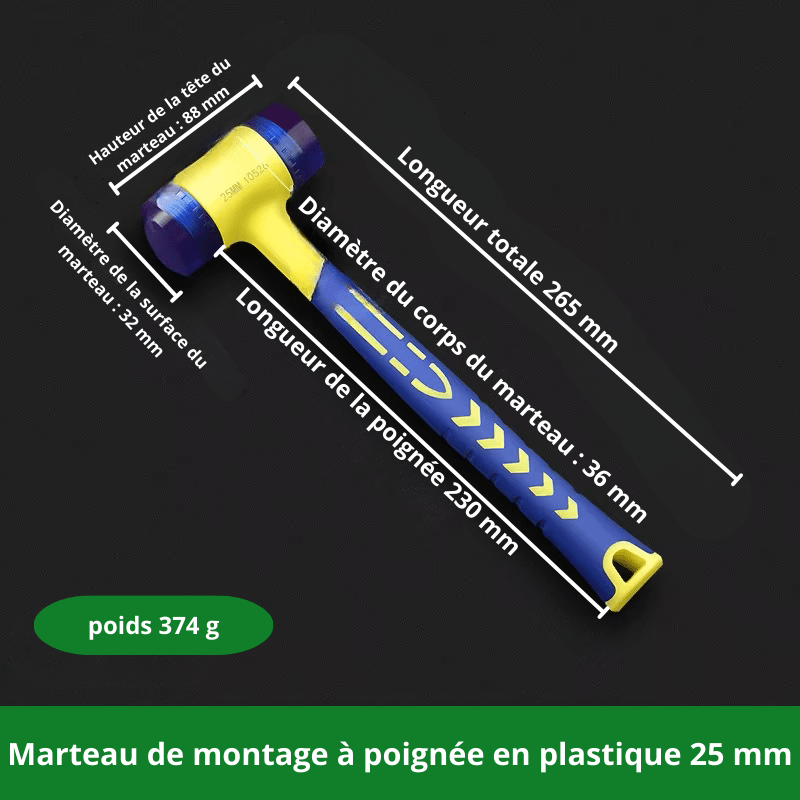 Marteau de montage à poignée plastique 25 mm - Poids 374 grammes - Longueur totale 265 mm - Modèle robuste
