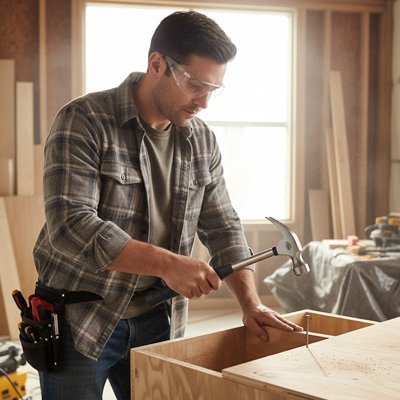 Bricoleur utilisant un marteau professionnel ergonomique pour assembler une caisse en bois - Travaux de menuiserie