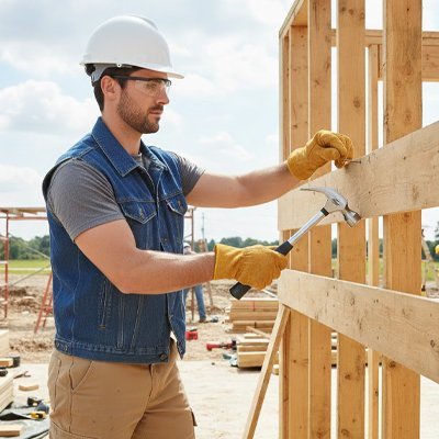 Menuisier clouant une charpente en bois avec marteau ergonomique - Construction professionnelle