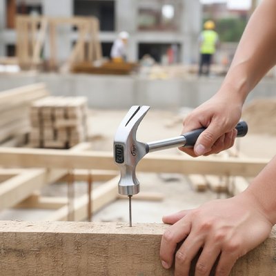 Gros plan marteau à griffes enfoncent un clou dans planche de bois - Précision et contrôle optimal