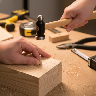 Artisan utilisant marteau à manche bois pour enfoncer clou dans planche bois atelier menuiserie bricolage
