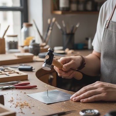Professionnel travaillant métal avec marteau artisanal manche bois tête acier atelier bijouterie
