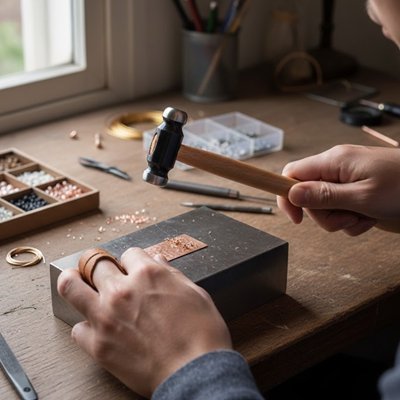 Mains artisan utilisant marteau à manche bois pour travaux délicats bijouterie création bagues
