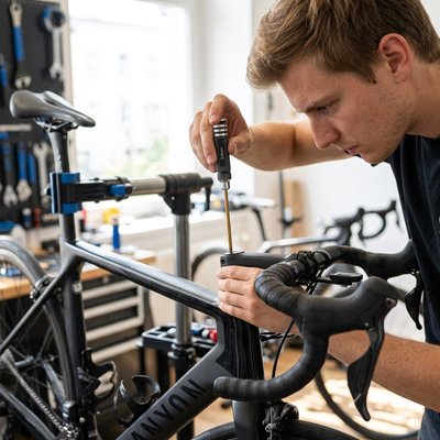 Mécanicien ajustant le guidon d'un vélo de route avec un tournevis hexagonal
