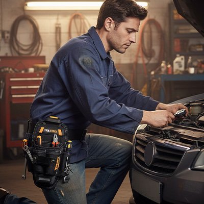 Mécanicien intervenant sur une voiture avec porte-outils ceinture bien garnie