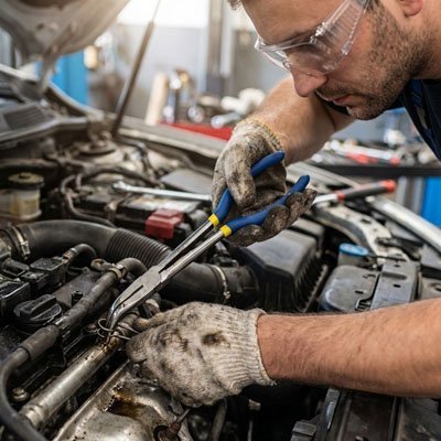 Mécanicien professionnel avec lunettes de protection utilisant une pince à bec extra-longue sur un moteur en atelier