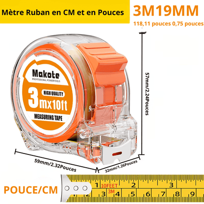 Mètre ruban Makote Précision Pro 3m×10ft boîtier transparent orange – dimensions 59×32×57mm et 19mm  lame double graduation cm/pouces