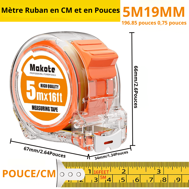 Mètre ruban Makote Précision Pro 5m×16ft lame 19mm boîtier transparent orange – dimensions 67×34×66mm et 19mm lame double graduation cm/pouces