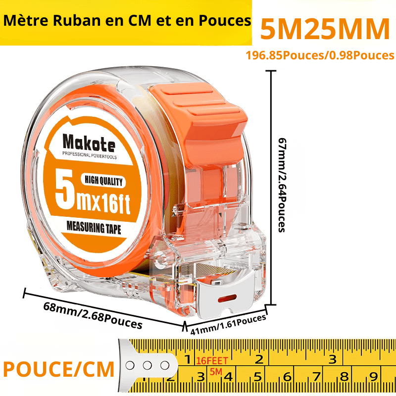 Mètre ruban Makote Précision Pro 5m×16ft boîtier transparent orange – dimensions 68×41×67mm et 25mm lame double graduation cm/pouces