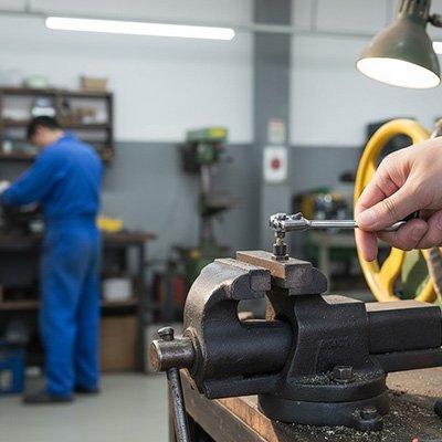 Utilisation de la clé à cliquet compacte sur un étau de mécanicien
