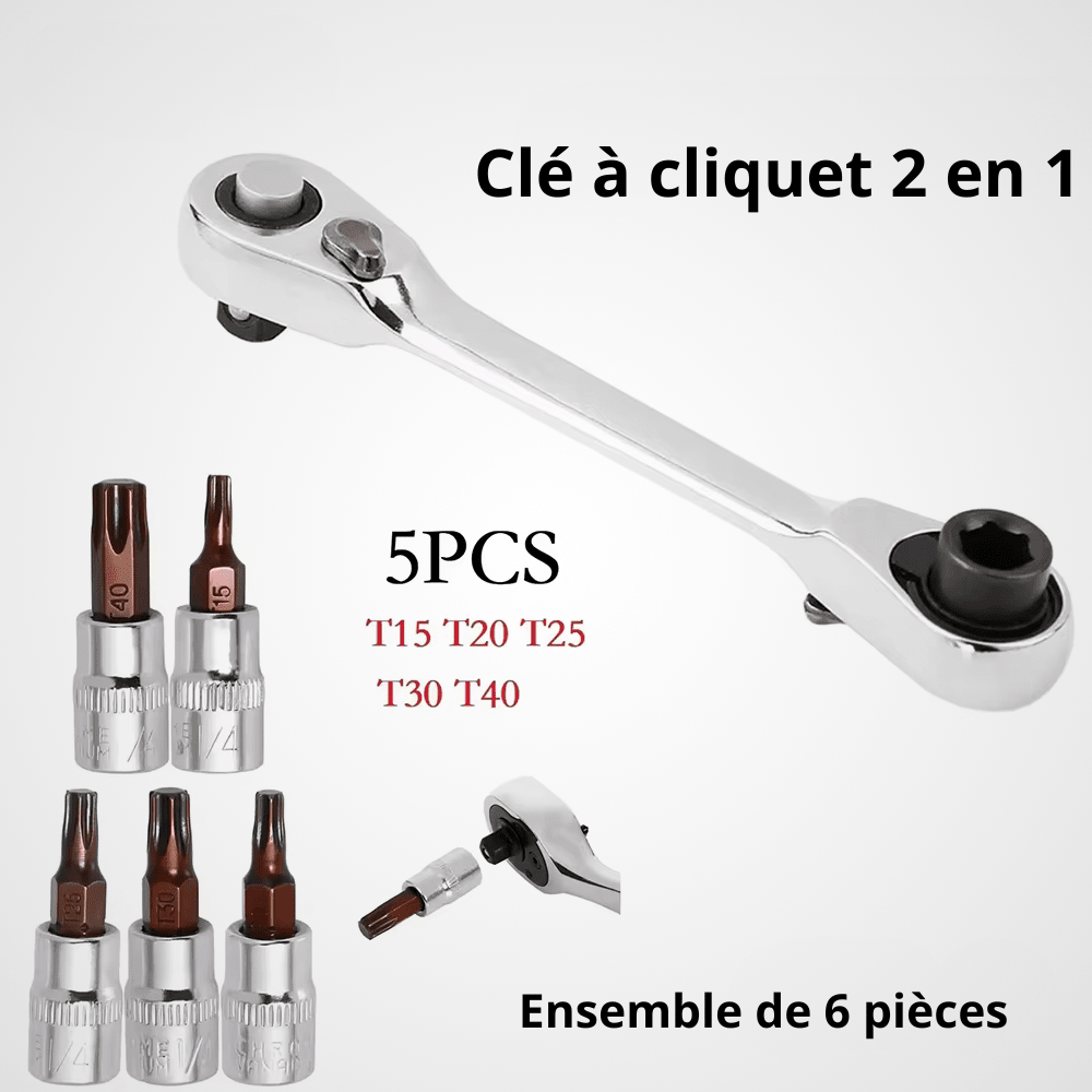 Ensemble clé à cliquet 2 en 1 avec 5 embouts Torx T15 à T40

