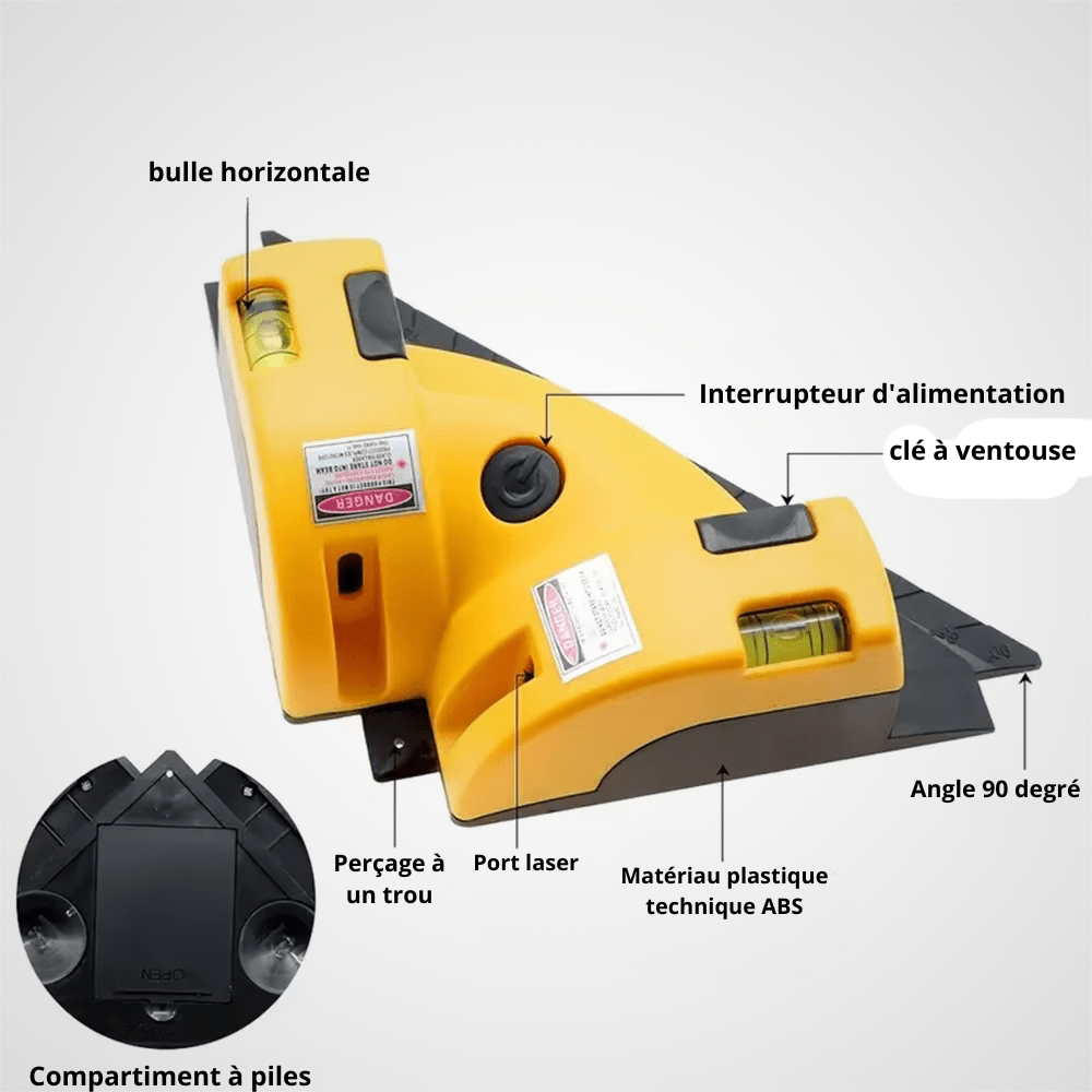 Schéma technique niveau laser 90° - bulle horizontale interrupteur ventouse port laser compartiment piles ABS