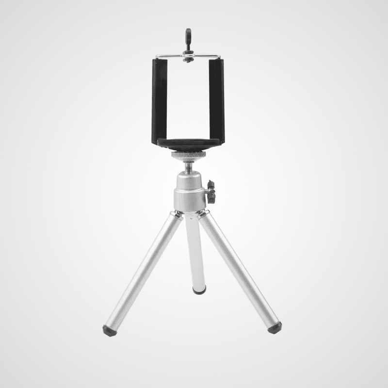 Trépied compact argenté avec support universel pour niveau laser - vue produit sur fond blanc"