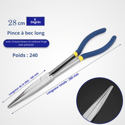 Pince à bec long 0 degré 28cm – acier haute teneur carbone forgé, manche bi matière bleu, longueur tête 105mm, longueur totale 280mm, poids 240g