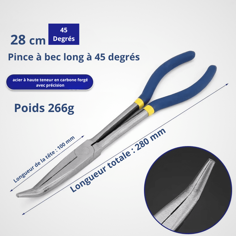 Pince à bec long angle 45 degrés 28cm – acier haute teneur carbone forgé, manche bi matière bleu, longueur tête 100mm, longueur totale 280mm, poids 266g