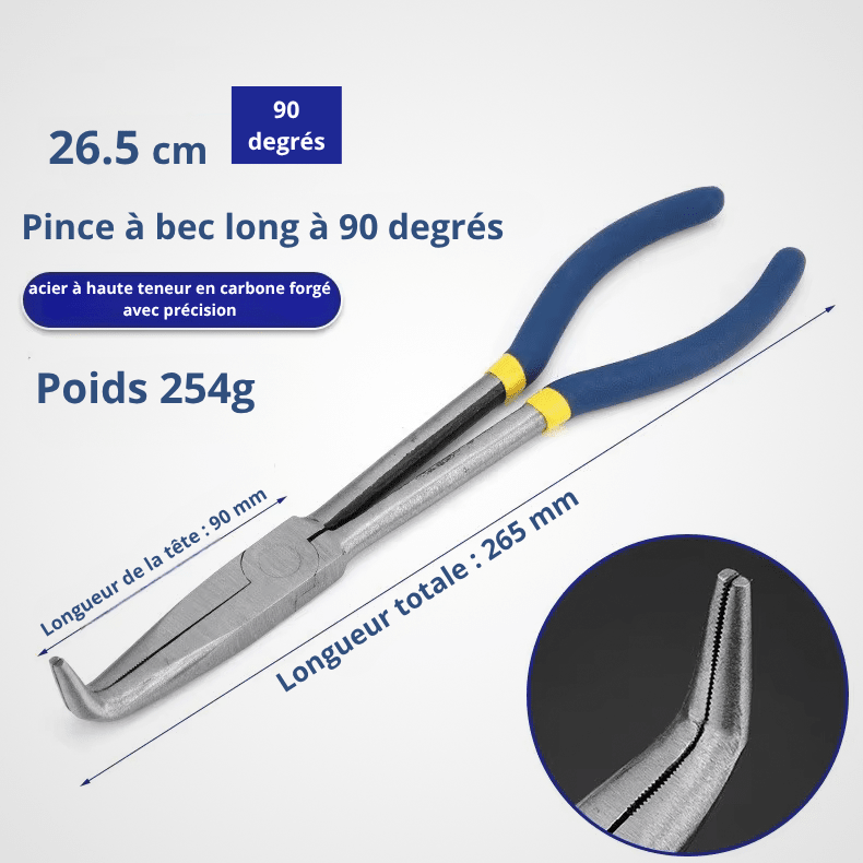 Pince à bec long angle 90 degrés 26,5cm – acier haute teneur carbone forgé, manche bi matière bleu, longueur tête 90mm, longueur totale 265mm, poids 254g