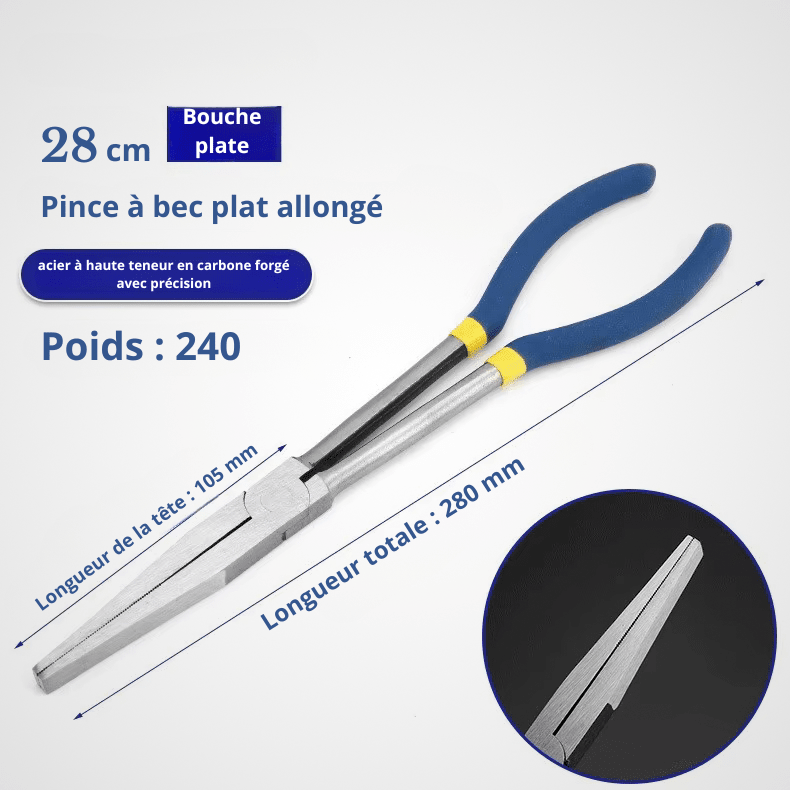 Pince à bec plat allongé 28cm – bouche plate, acier haute teneur carbone forgé, manche bi matière bleu, longueur tête 105mm, longueur totale 280mm, poids 240g
