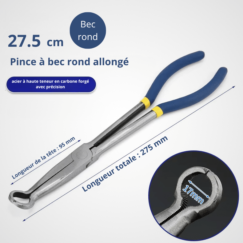 Pince à bec rond allongé 27,5cm – acier haute teneur carbone forgé, manche bi matière bleu, longueur tête 95mm, longueur totale 275mm, ouverture bec 17mm