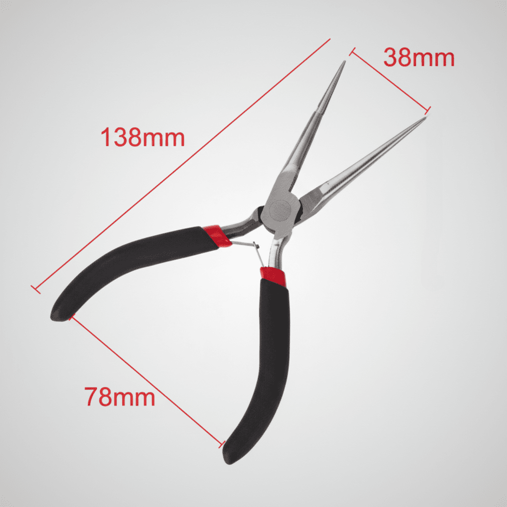 Dimensions pince à bec long - Longueur 138mm ouverture bec 38mm manche 78mm