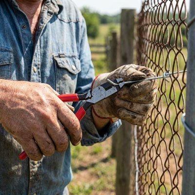  Professionnel utilisant une pince coupante haute précision à poignées rouges pour couper du fil métallique sur une clôture extérieure