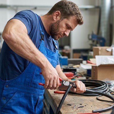 Technicien en salopette bleue utilisant une pince coupante de précision pour travaux électriques dans un atelier professionnel