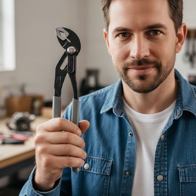 Homme tenant pince multiprise ajustable noire professionnelle - outil plomberie bricolage ergonomique