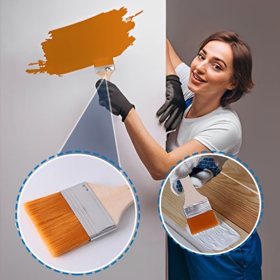 Pinceau peinture murale femme rénovation intérieure poils orange