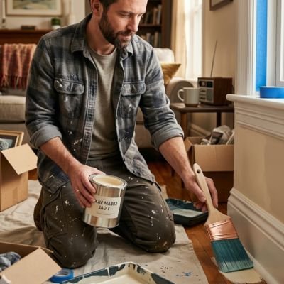 Pinceau professionnel de peinture posé dans un bac, homme bricoleur en intérieur