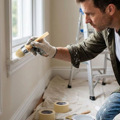 Homme peignant un encadrement de fenêtre avec un pinceau, gants de travail, échelle en arrière-plan