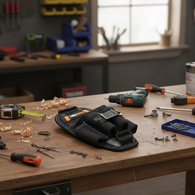 Porte-outils ceinture Robuste Pro posée sur un établi de chantier