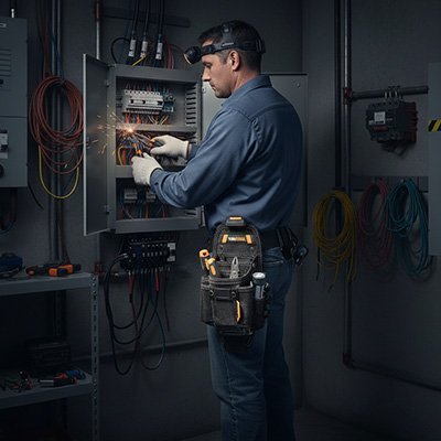 Professionnel du bâtiment travaillant sur une installation électrique avec porte-outils ceinture
