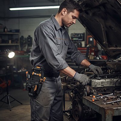 Professionnel en atelier mécanique portant une sacoche ceinture à outils