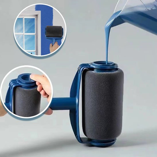 Remplissage du réservoir intégré du rouleau de peinture avec de la peinture bleue