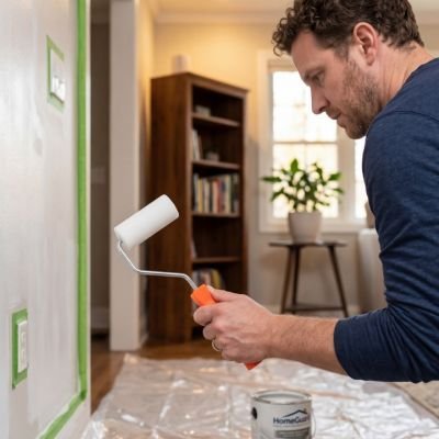 Rouleau à peinture utilisé pour une finition précise près d'une fenêtre 