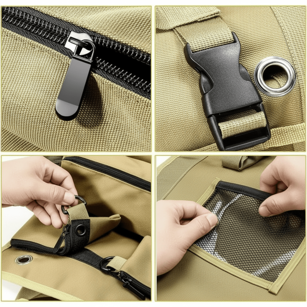 Zipper, Attache clip, Petits sac avec  velcro, pochette avec filets 