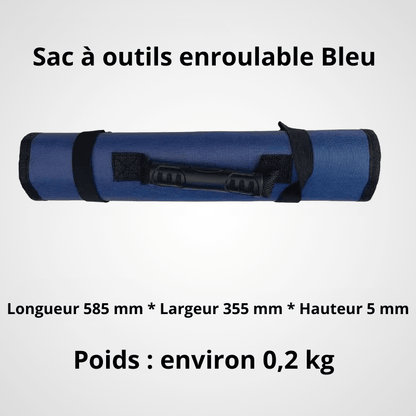 Sac à outils enroulable bleu avec poignée et sangles noires - Dimensions 585 x 355 x 5 mm, poids 0,2 kg