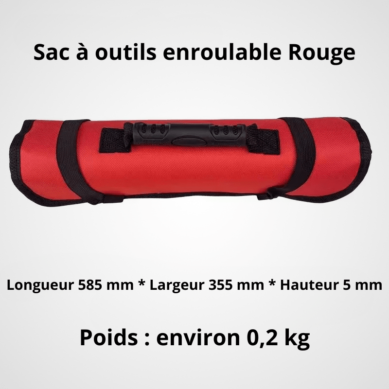 Sac à outils enroulable rouge avec poignée et sangles noires - Dimensions 585 x 355 x 5 mm, poids 0,2 kg