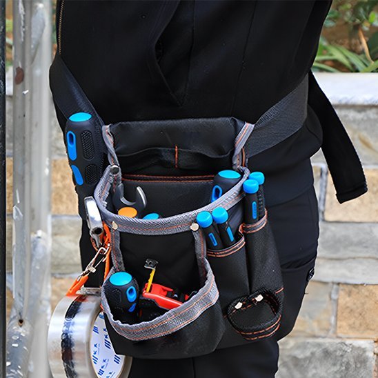 Sac à outils pour taille noir avec bandes grises posé à plat montrant les multiples poches et compartiments