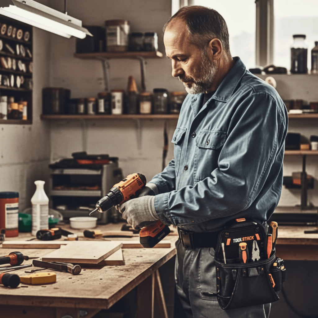 Sac à outils professionnel en utilisation sur chantier avec rangement organisé