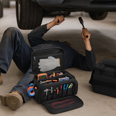 Sac à outils pour mécaniciens avec multiples poches zippées et compartiments modulables professionnels
