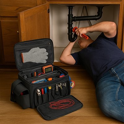 Sac à outils robuste pour plombier en toile résistante avec poignées renforcées et bandoulière
