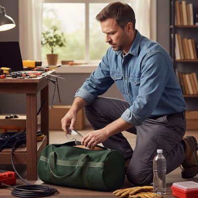 Sac à outils cylindrique robuste vert foncé avec poignées renforcées