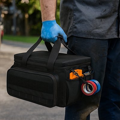 Sac à outils professionnel pour électricien avec compartiments organisés et multiples poches de rangement
