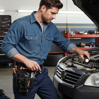 Technicien utilisant une lampe avec porte-outils ceinture Robuste Pro