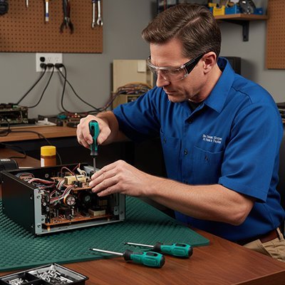 Technicien vissant avec un tournevis cruciforme magnétique sur un appareil électronique